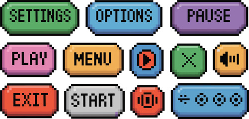 Pixel art game menu buttons set with play, pause, settings and options, colorful retro 8 bit user interface elements, vector UI assets collection