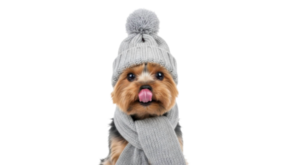 Cute Yorkshire Terrier puppy in grey Christmas hat and scarf licking nose on a transparent background PNG file