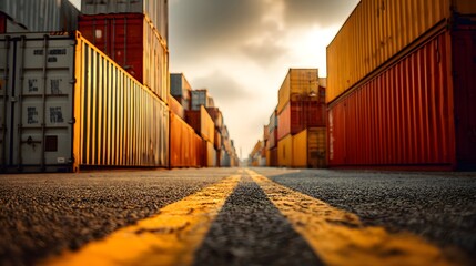 Fototapeta premium Rows of multicolored shipping containers line an industrial lane under an overcast sky