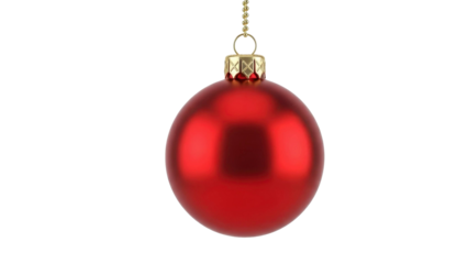 Festive red Christmas bauble hanging on a gold chain on a transparent background PNG file