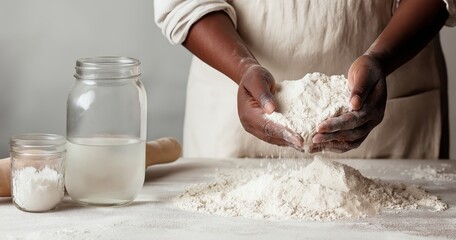African american woman holding flour in hands for baking bread or pastry with glass jars and rolling pin on table in kitchen for recipe concept