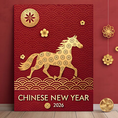 Golden horse silhouette with traditional Chinese patterns celebrating Chinese New Year 2026 with auspicious red and gold design elements suitable for festive invitations and decorations