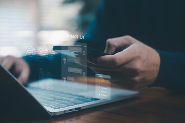 A businessman using a smartphone. Concept of an online bot for contact us, customer support, and business communication on digital platforms. technology call center services. AI chat contact