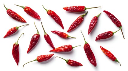 Multiple dried red chili peppers are scattered across a bright white background in a top down view.