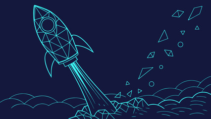 Startup Rocket Launch and Business Growth Concept with Wireframe Spacecraft Vector