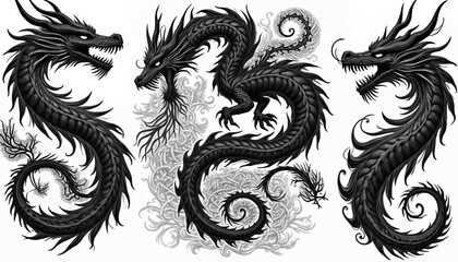 Fototapeta premium Three detailed black dragons with sharp teeth, claws form intricate patterns. Mythical creatures with detailed scales, swirling tails on white background. Powerful beasts represent fantasy, folklore