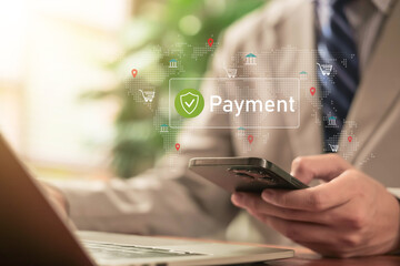 Naklejka na ściany i meble Secure digital payment concept, mobile banking, online transaction protection, and financial technology. online shopping trend in global e-commerce, gateway system, fintech payment, and fast checkout