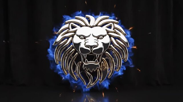 A stylized lion's head with a fierce expression and open mouth, showcasing a roar logo with blue flames and sparks on a dark background.