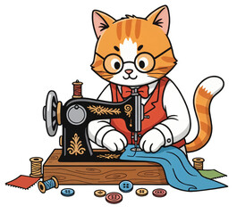 Cartoon cat sewing with a vintage sewing machine and fabric pieces  