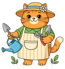 Orange cat gardener holding tools in hat with flowers and apron  