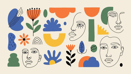 Fototapeta premium Abstract Minimalist Faces and Organic Shapes in a Muted Color Palette