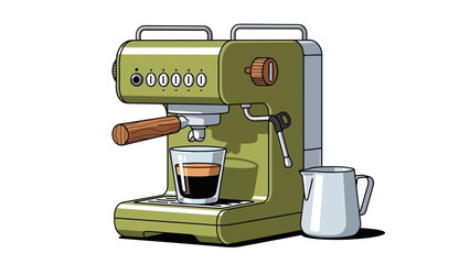 Olive Green Espresso Machine with Espresso Shot and Milk Jug Vector Illustration
