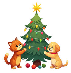 Cartoon dog and cat decorating Christmas tree with colorful lights and ornaments  
