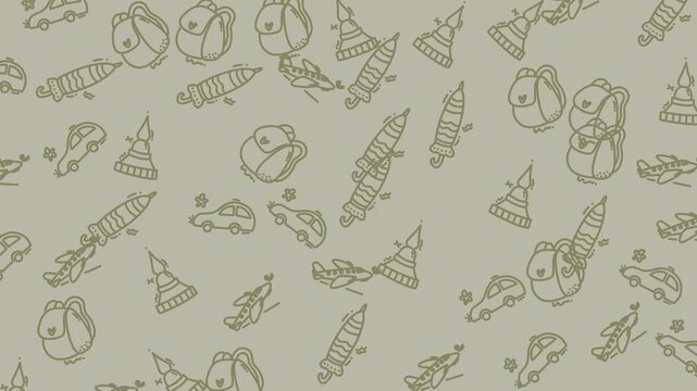 Chaotic pattern of sketched cars, rockets, tents, airplanes, backpacks. Suitable for travel blogs, adventure websites, kids stationery, engineering projects.