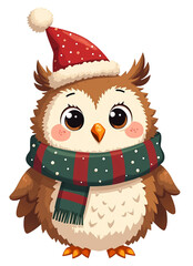 Cute cartoon owl wearing a Santa hat and scarf for Christmas  