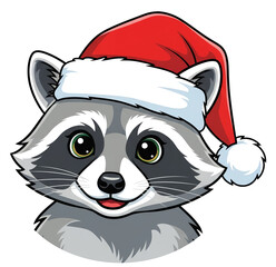 Cartoon raccoon wearing a Santa hat with a cheerful expression  