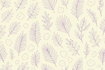 A seamless vector background pattern features repeating plant leaves with clean shapes and natural flow, creating a fresh botanical design suitable for wallpaper, fabric, and digital use.