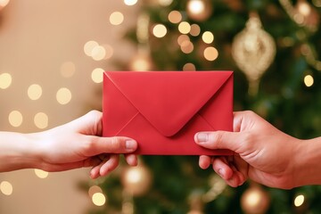 Close-up of two hands exchanging a bright red envelope against a festive Christmas background with glowing twinkling lights, symbolizing holiday gift-giving, warmth, family love, and tradition.