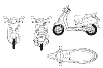 A detailed vector design of an automatic scooter is shown from four views, including front, back, top, and side, presenting proportions, structure, and design details clearly and professionally.