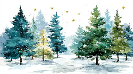 Watercolor painting of snowy forest with decorated evergreen trees and stars.