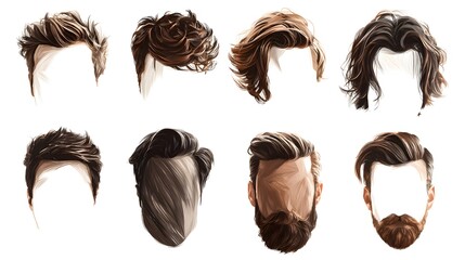 Collection of diverse male hairstyles and beard combinations depicted with detailed brushwork