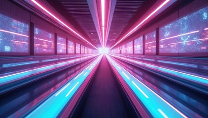 Fototapeta premium Futuristic airport moving walkway. Bright neon lights in pink and blue colors illuminate corridor. Digital screens display abstract patterns. Fast travel in modern terminal.