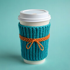 Cozy knitted coffee cup sleeve in teal with orange tie perfect for winter drinks and cafe branding isolated on a teal background