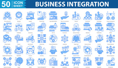 Business Integration blue style icon set collection. human resources, branding, supplier, product sales, sales representative, return on investment and more. illustration eps 10