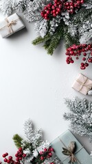A festive arrangement featuring frosted greenery, red berries, and elegantly wrapped gifts, evoking a winter holiday spirit.