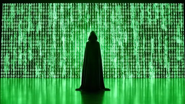 A hooded figure stands before cascading green code, silhouetted on a neon floor of reflections dim.