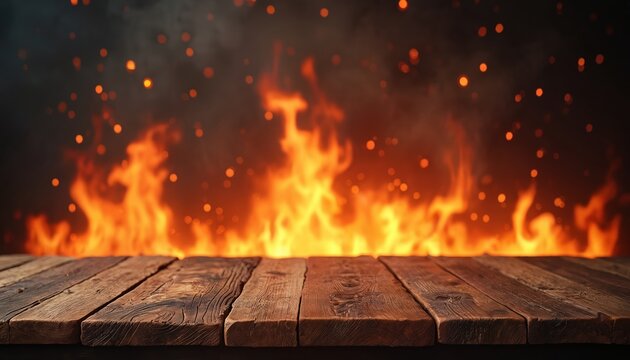 Rustic wooden table in front of vibrant fire flames and flying embers. Dark smoky background with bokeh lights creates a warm inviting atmosphere for food product display.