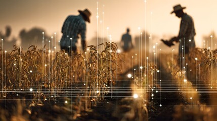 Agricultural workers monitor ripening crops in a field overlaid with digital data visualizations