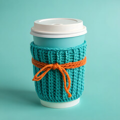 Turquoise knitted coffee cup sleeve with orange ribbon tie cozy accessory for hot beverages isolated on a teal background