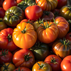 A vibrant fresh harvest of heirloom tomatoes in various colors and shapes perfect for food photography healthy eating concepts and market displays