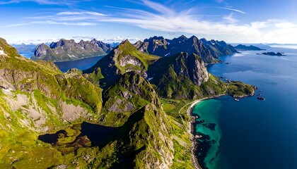 Aerial view of coastal mountains meeting ocean waters