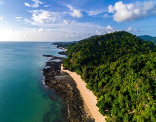 Aerial view of coastal landscape with lush green hillside and beach