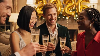Diverse group of friends celebrating New Years Eve with champagne toast.