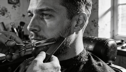 Timeless black and white portrait of a man getting a haircut. Strong contrast and authentic expressions emphasize classic grooming, craftsmanship, and emotional depth.