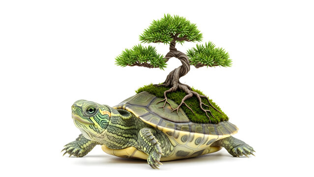 Isolated baby turtle or tortoise reptile with brown and green shell on white background for nature and wildlife