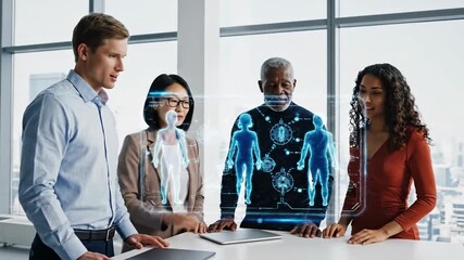 Diverse team collaborates on futuristic holographic technology in modern office. - Powered by Adobe