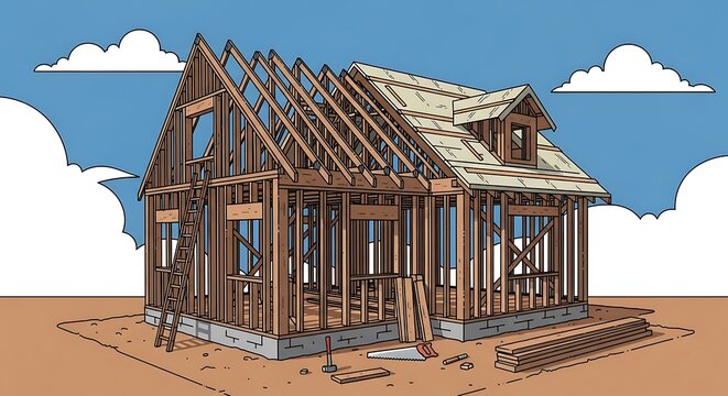 House Under Construction with Exposed Wooden Frame and Roof Trusses.