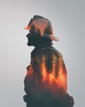 A double exposure portrait of a firefighter with a forest backdrop, symbolizing courage and connection to nature.