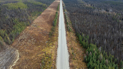 Aerial Gravel Road Through Boreal Forest in Northern Quebec, Canada