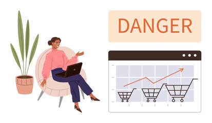 Woman sitting with laptop near a plant, discussing a chart of growing shopping cart trends. Includes Danger sign. Ideal for e-commerce, market analysis, risk assessment, decision-making, online