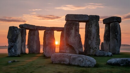 Ancient megalithic monument silhouetted against a vivid sunrise over grassy plains