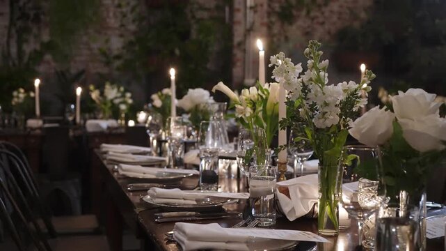 Formal Long Table Dinner In Loft, Event Planner Finalizing Seating, MaTre D Adjusting Candles, Caterer Inspecting Glassware Candlelit