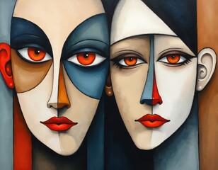 Abstract portraits display geometric faces with piercing orange eyes. Two figures, artful makeup, bold red lips. Minimalist style, modern art for decor.
