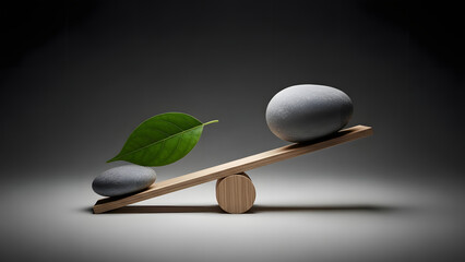 Minimalist balance: Stone and leaf on wood seesaw.