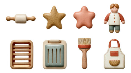 Hand-Painted Wooden Baking Tools and Icons for Artisan Bakers on Transparent Background
