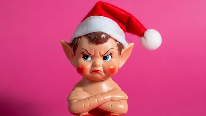Angry Christmas elf figurine with arms crossed on vibrant pink background